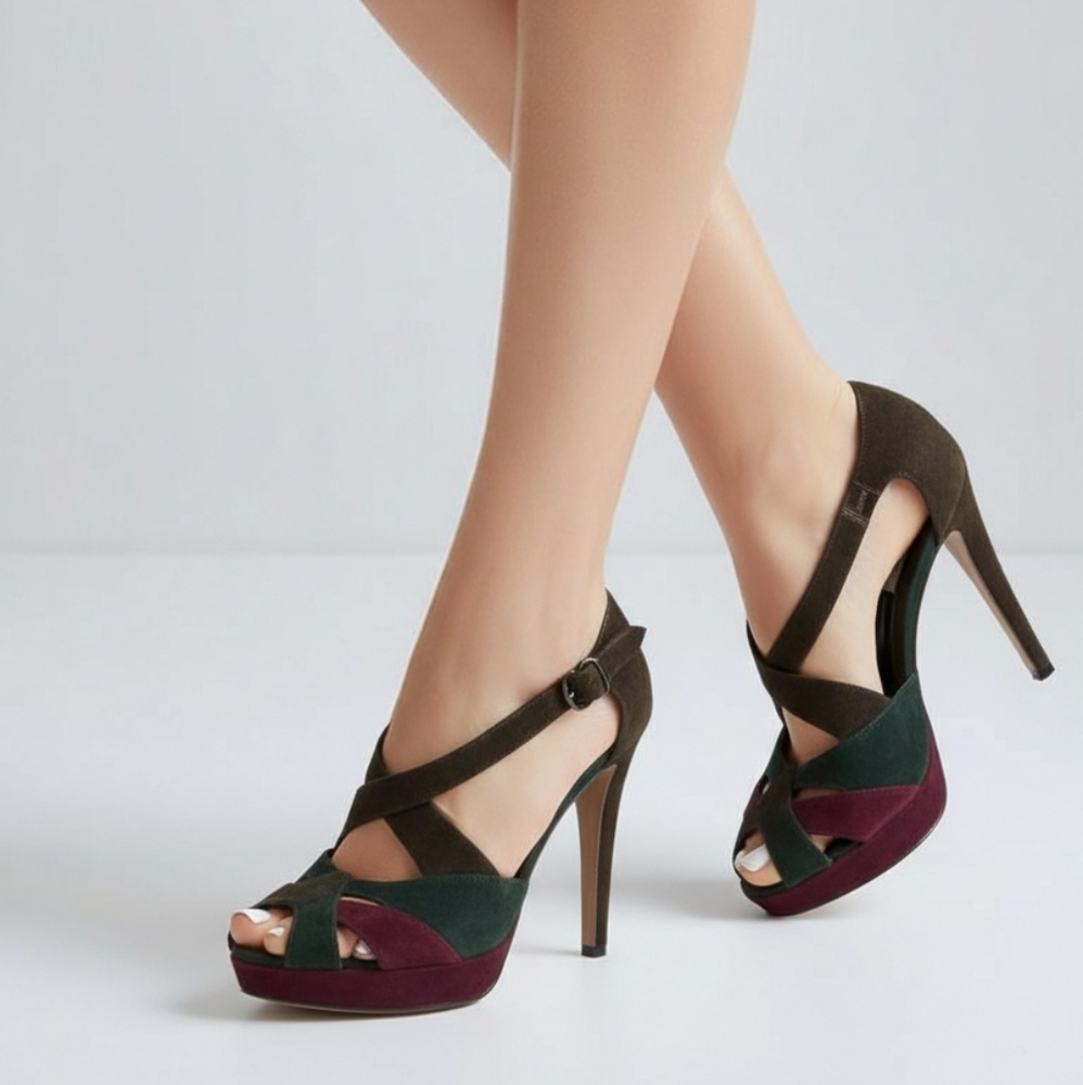 ❣️ Moschino Women's Brown Green Red Peep Toe Strappy Stiletto Heels Sz U…